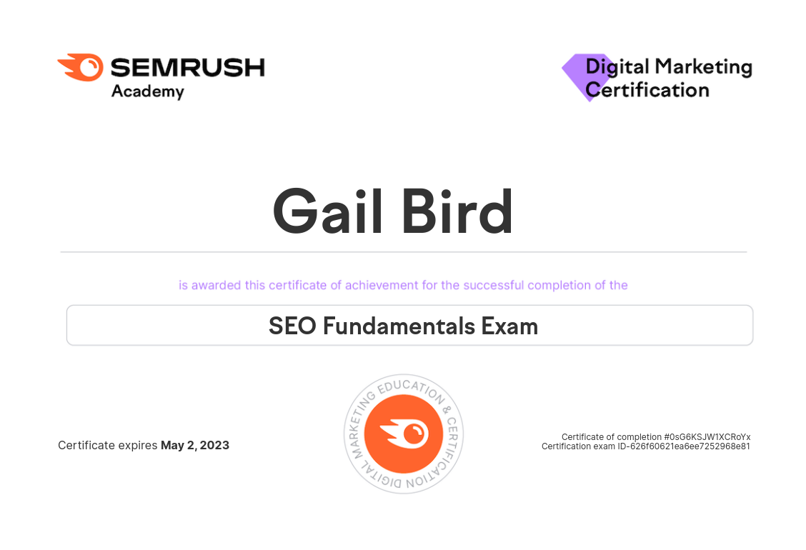 G Bird: SEO Fundamentals certificate