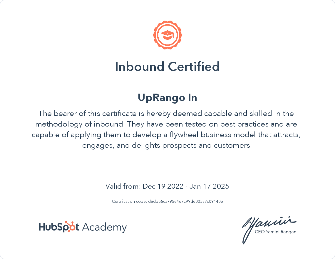 La agencia UpRango de India gana el premio HubSpot Inbound Marketing Certfication