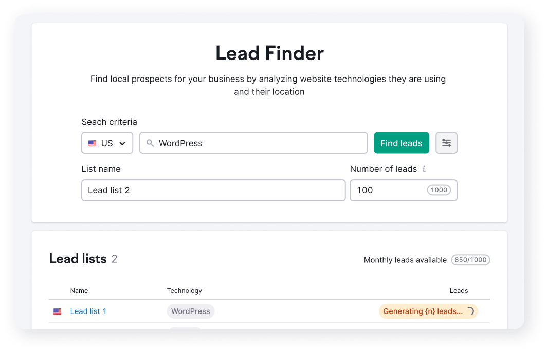 Interfaccia di Lead Finder, creazione elenco di Lead Finder