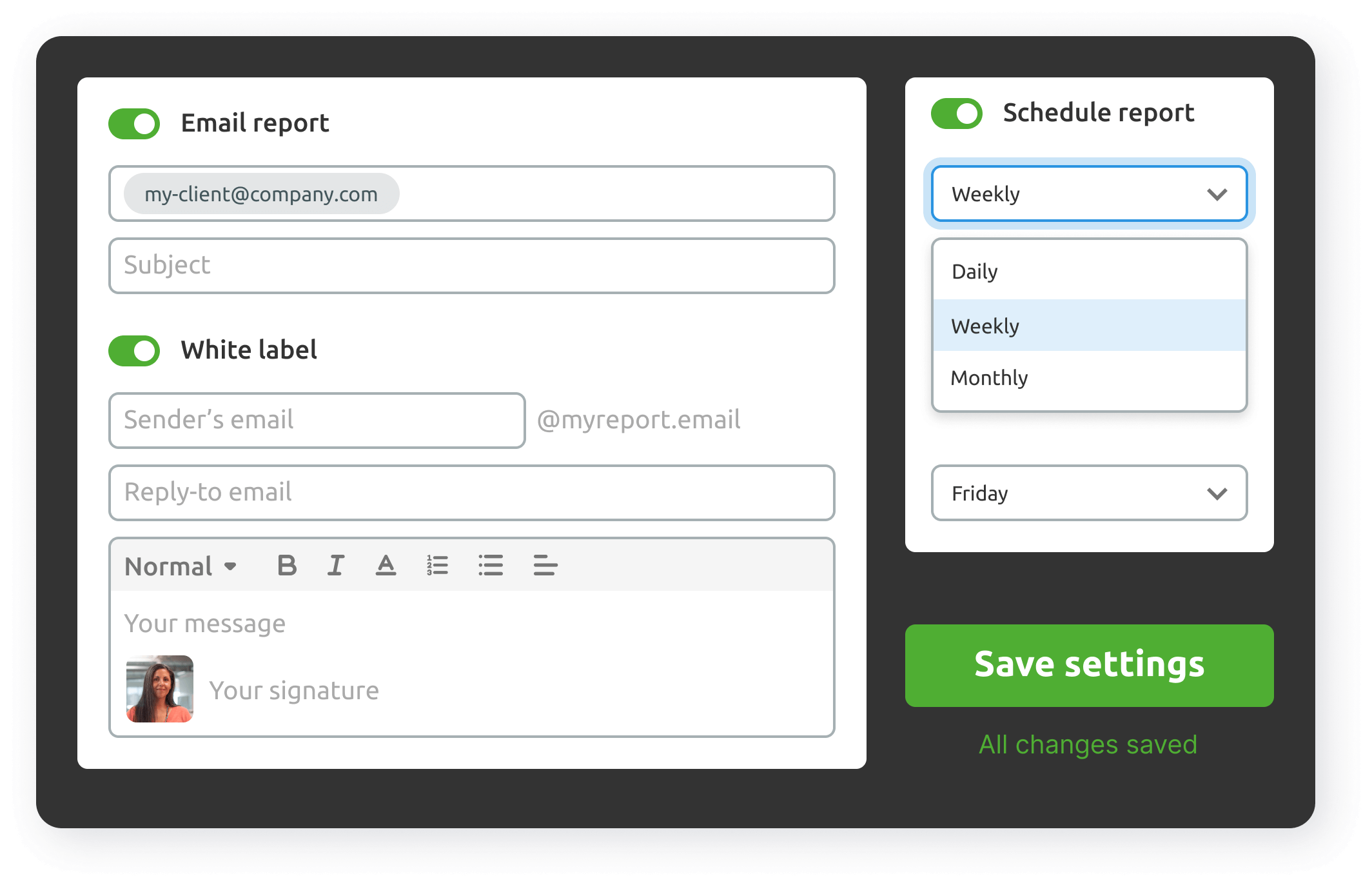 Added custom sender name, Custom reply-to email, Scheduling settings, A custom message with an email signature