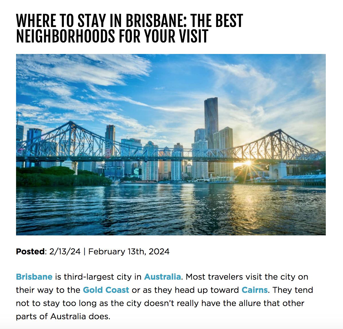 Nomadic Matt's blog post titled "Where to stay in Brisbane: The best neighborhoods for your visit"