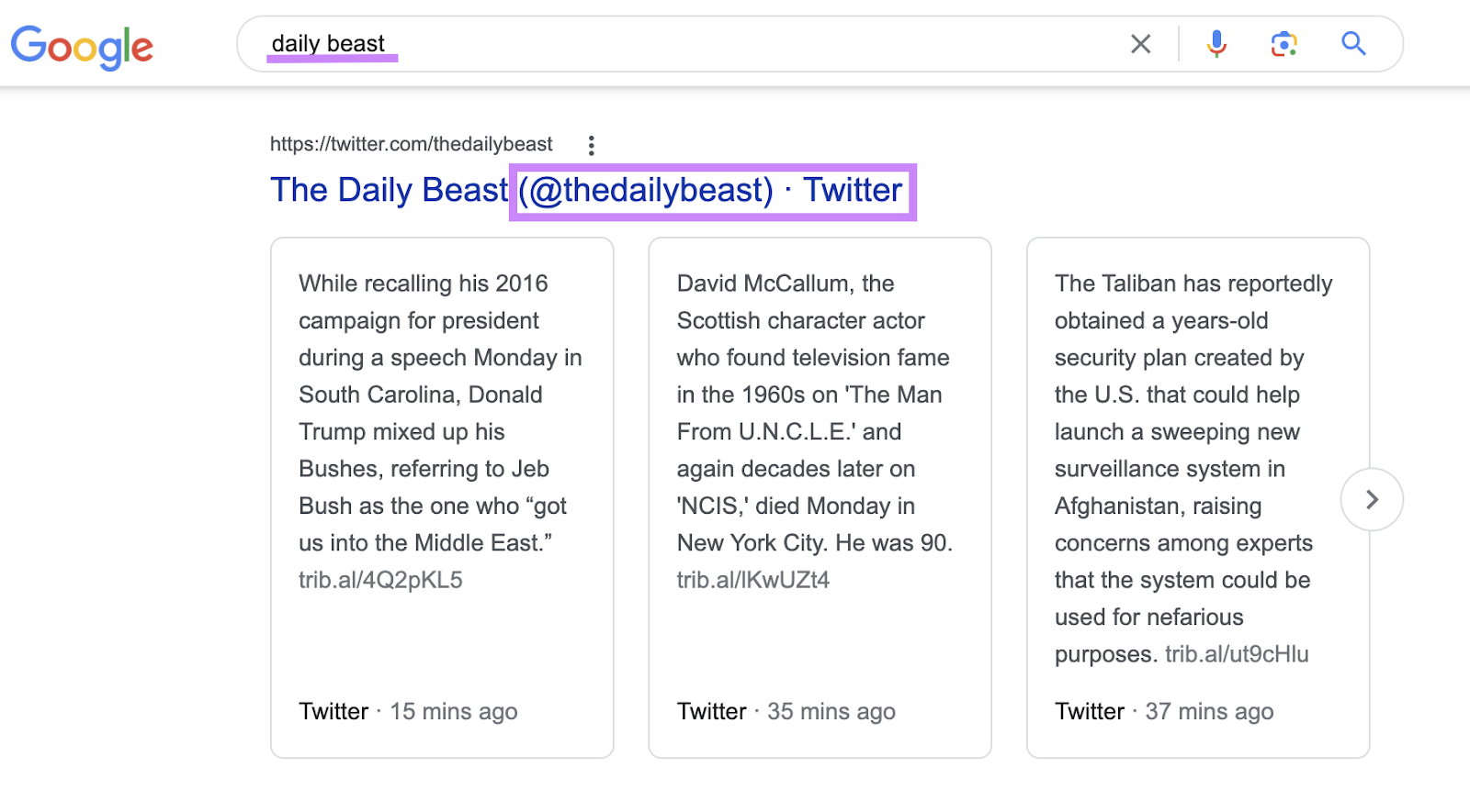 An example of Twitter-specific SERP feature