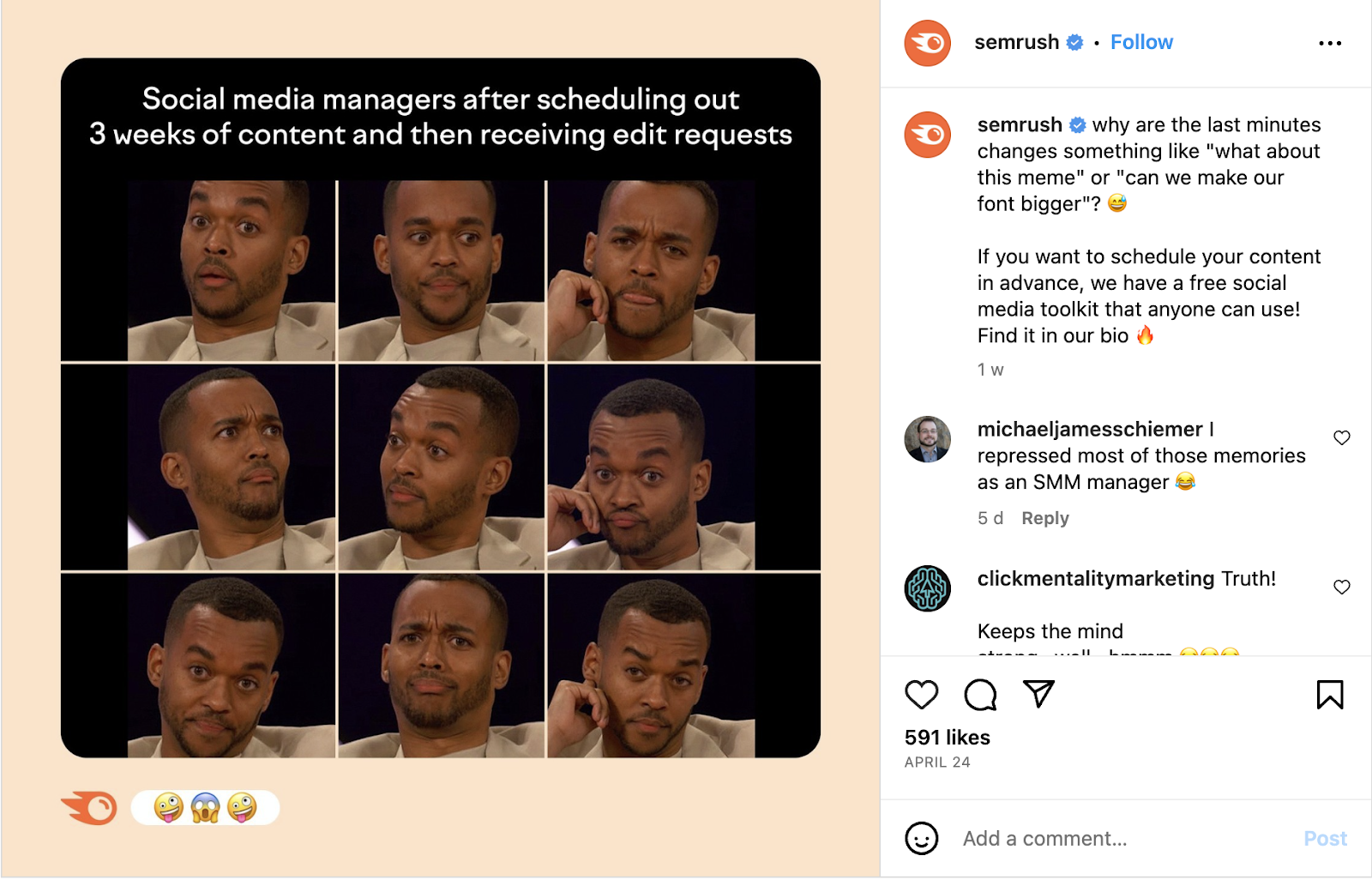 an example of a meme from Semrush Instagram account