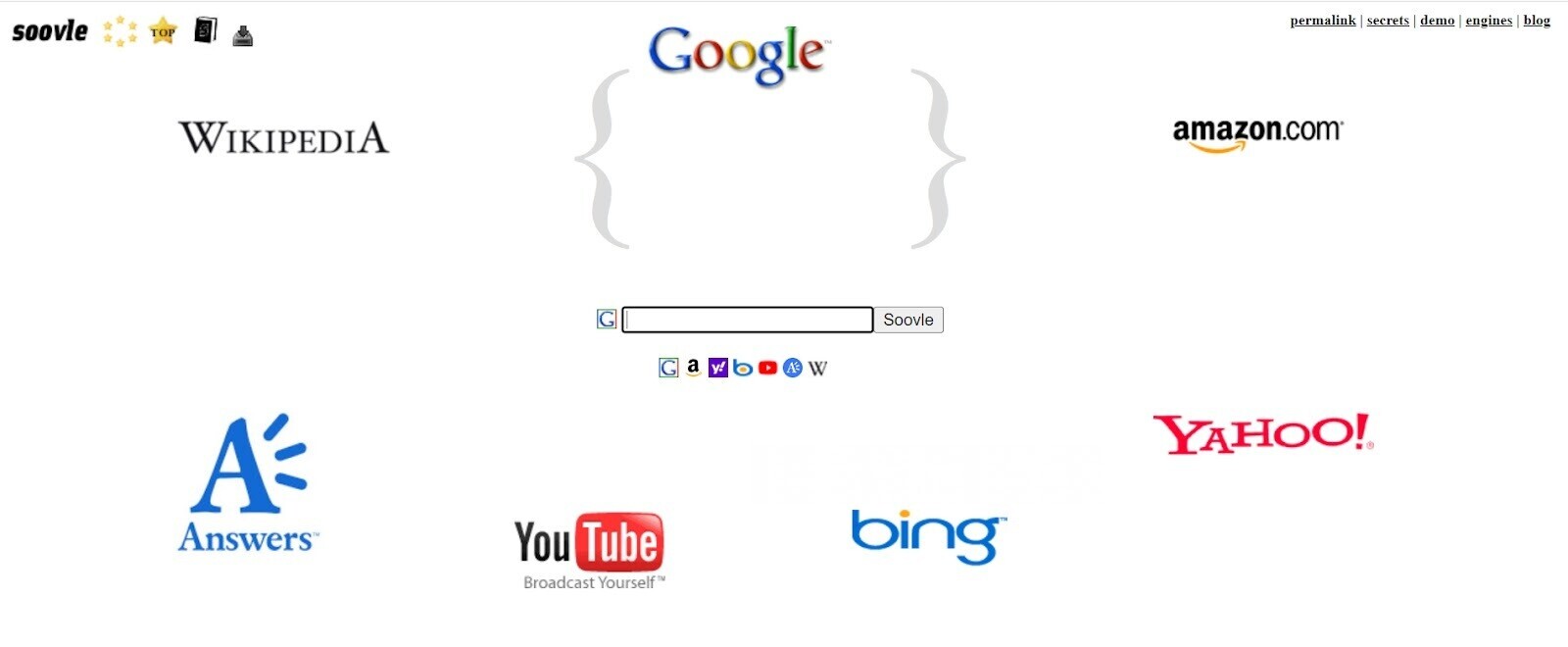 Soovle page with search bar in the center, surrounded with Wikipedia, YouTube, amazon.com etc. logos