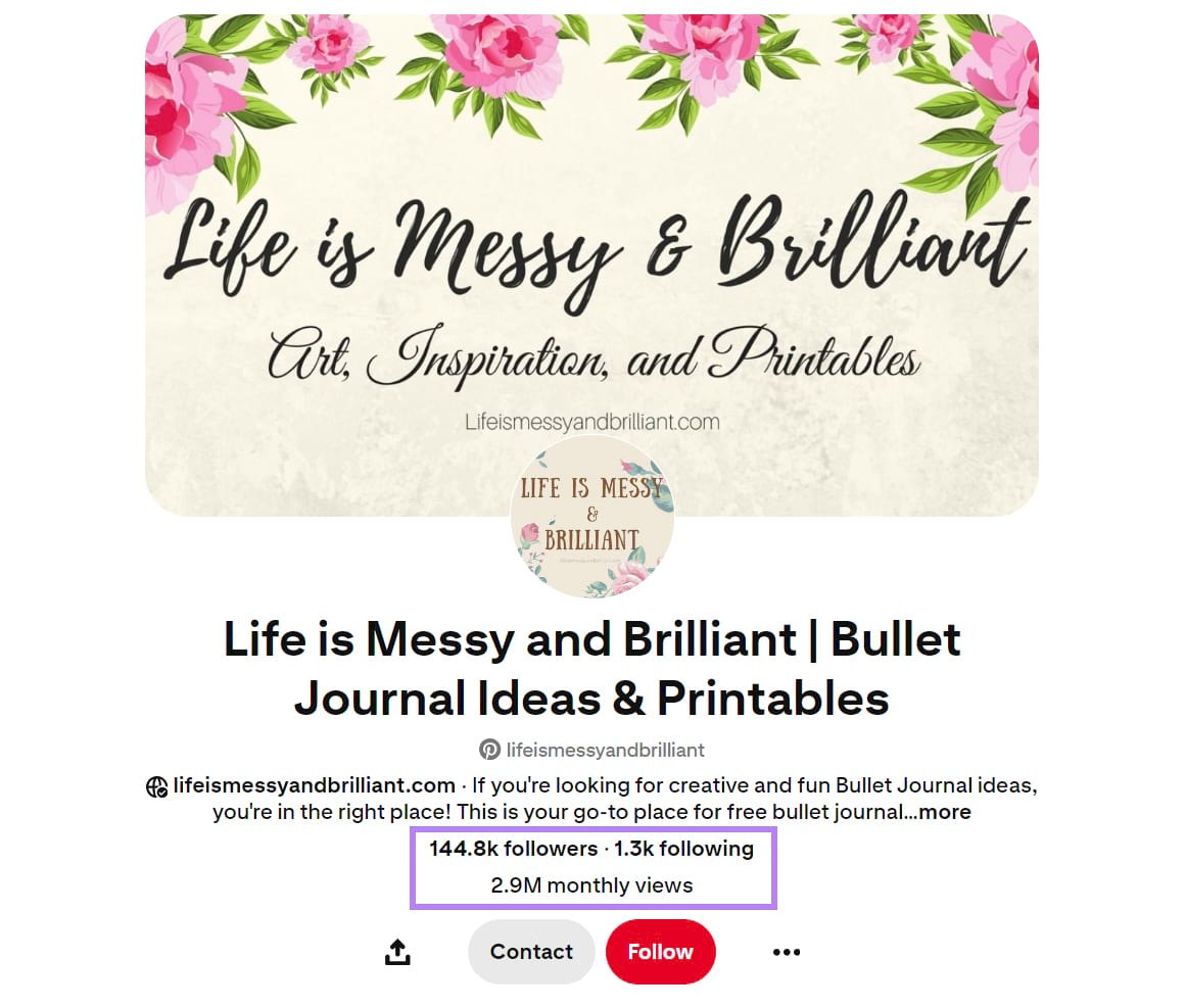 Life is Messy and Brilliant Pinterest profile showing their follower count and monthly views.