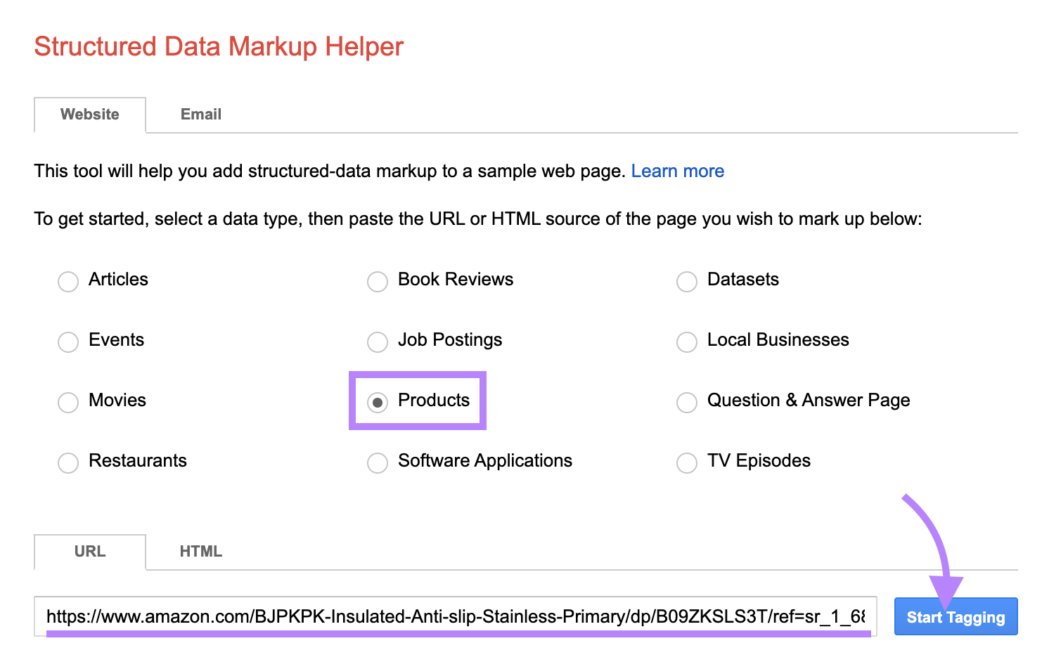 enter your product page URL to Google’s Structured Data Markup Helper