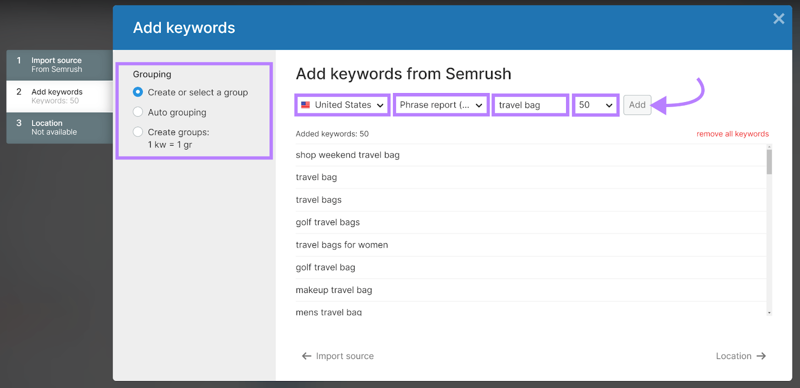 Grouping, location, keyword source, keyword, keyword number, and Add button highlighted.