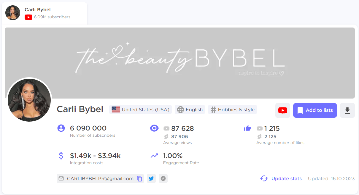 An influencer's profile "Carli Bybel" page in Influencer Analytics platform