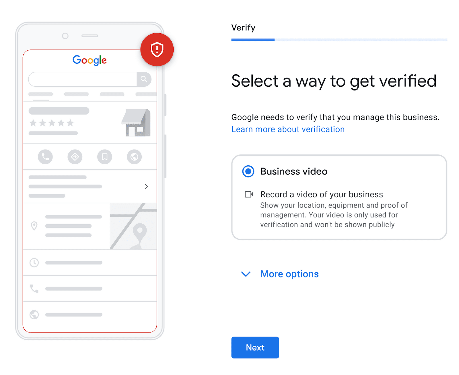 "Select a way to get verified" step of creating a GBP