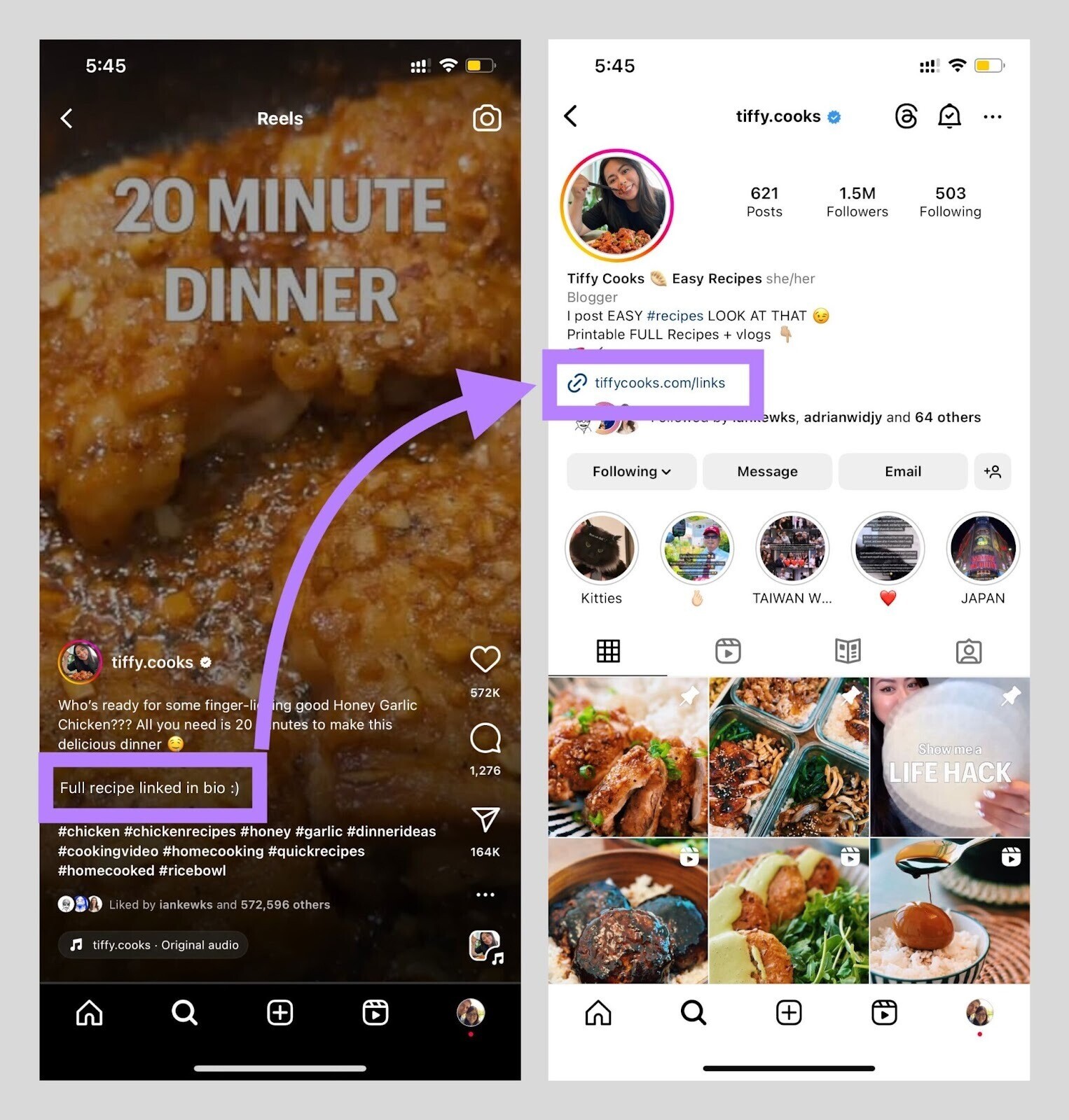 an example of Instagram post with "Full recipe linked in bio" caption and poster’s profile containing the link