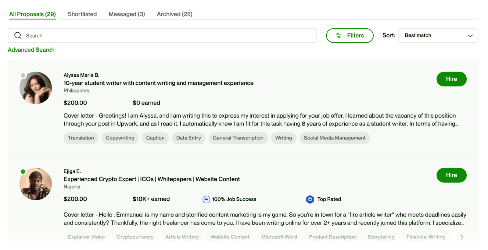 An example of proposals board in Upwork