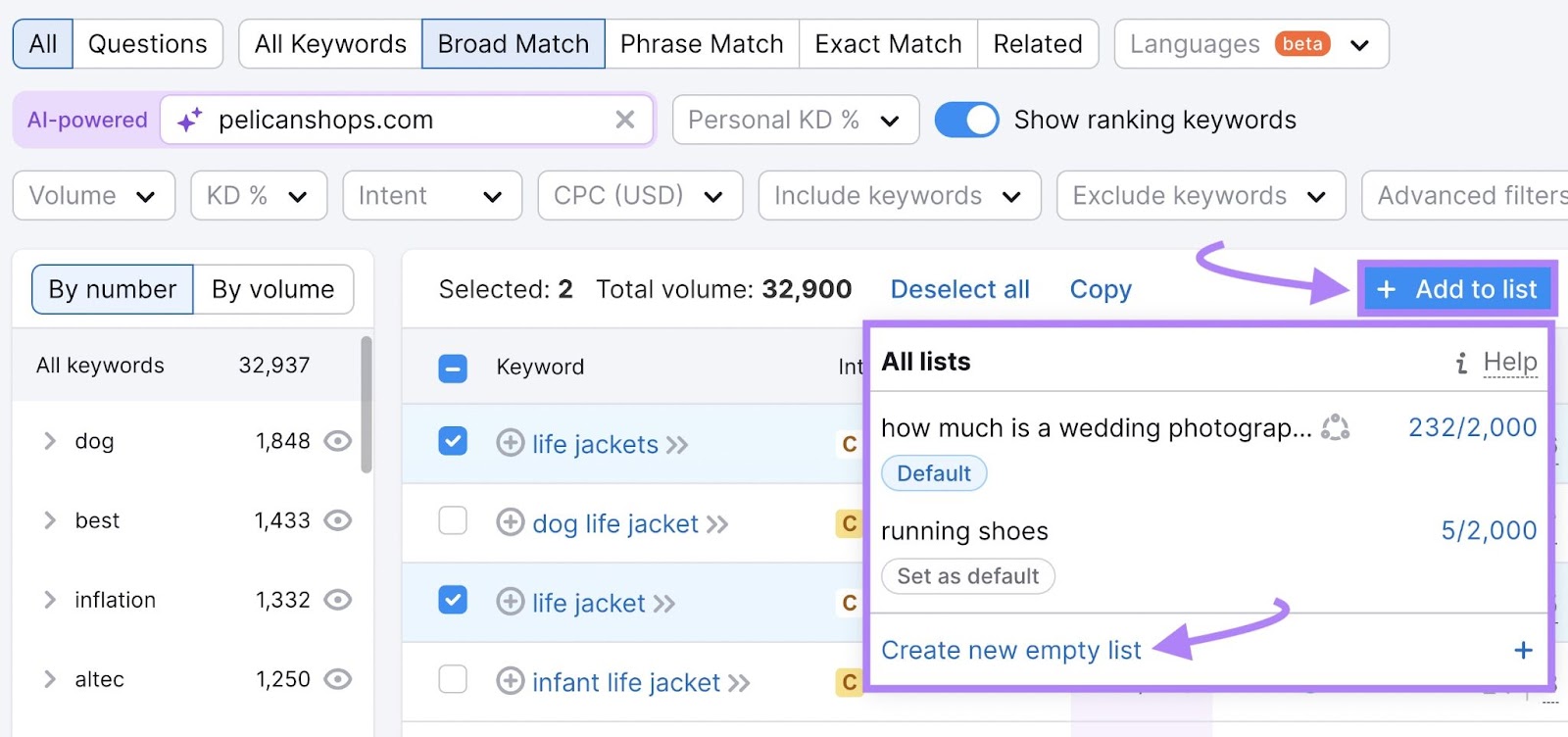 Semrush Keyword Magic Tool with 'life jacket' related keywords checked. 'Add to list' fastener  opened with 'Create caller   bare  list' highlighted