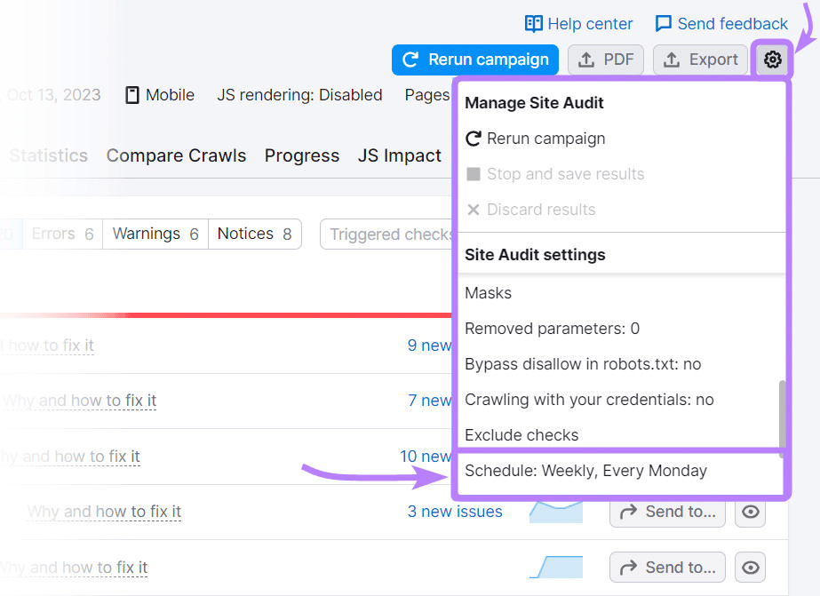 "Schedule: Weekly, Every Monday" option selected under Site Audit settings section of the menu