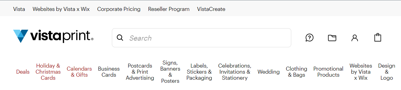 Vistaprint’s website navigation section