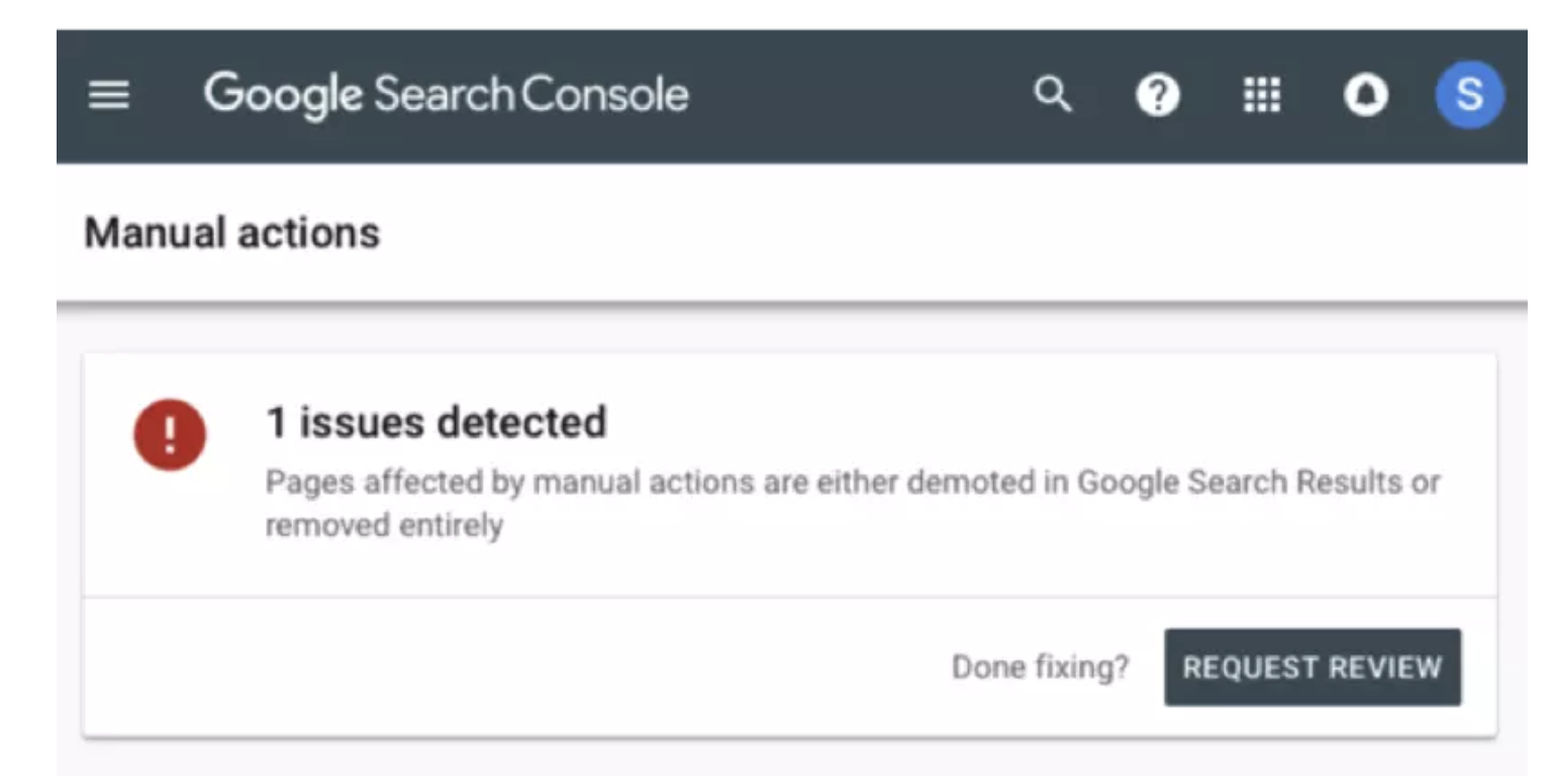 Google search console showing 1 issue detected