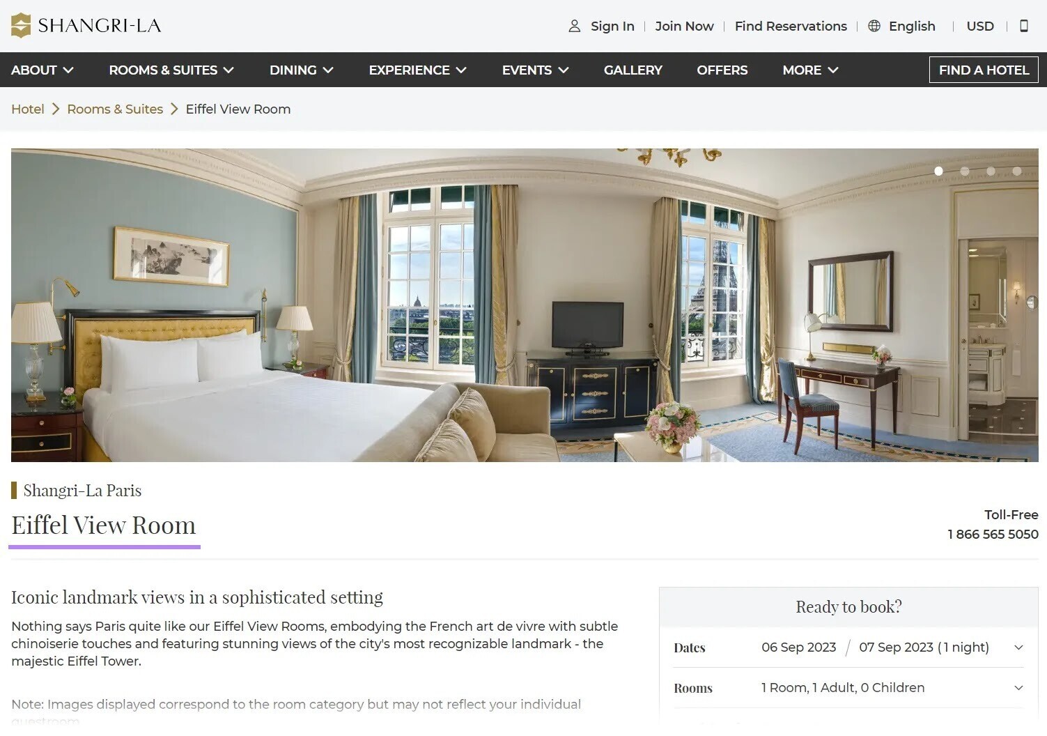 "Eiffel Tower Room" page on Shangri La Paris website