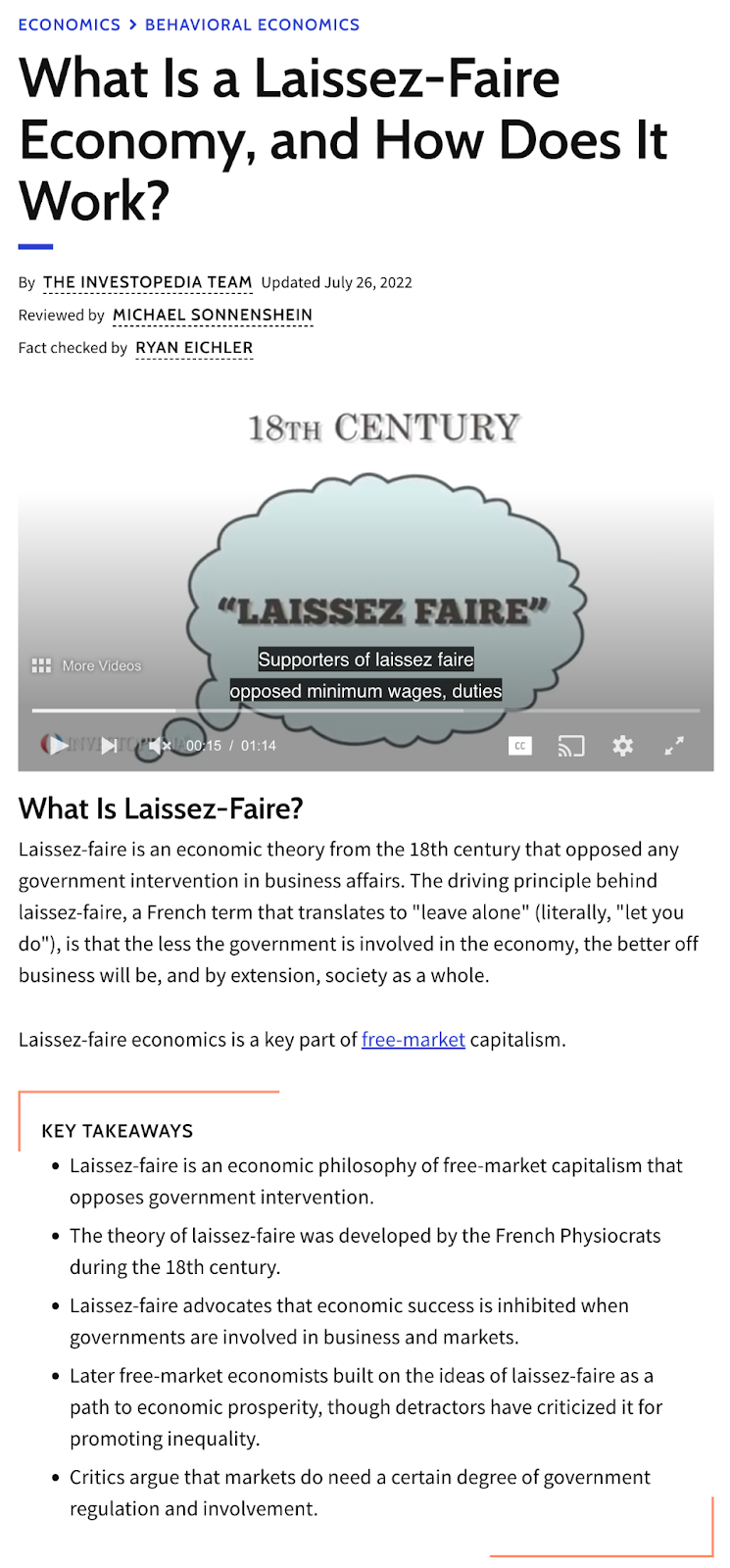 Top section of Investopedia's article on what it laissez-faire economy