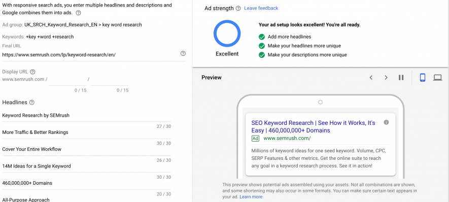 Annunci di ricerca reattivi di Google Ads