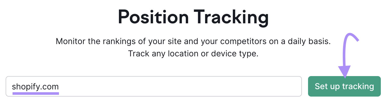 "shopify.com" entered in Position Tracking search bar