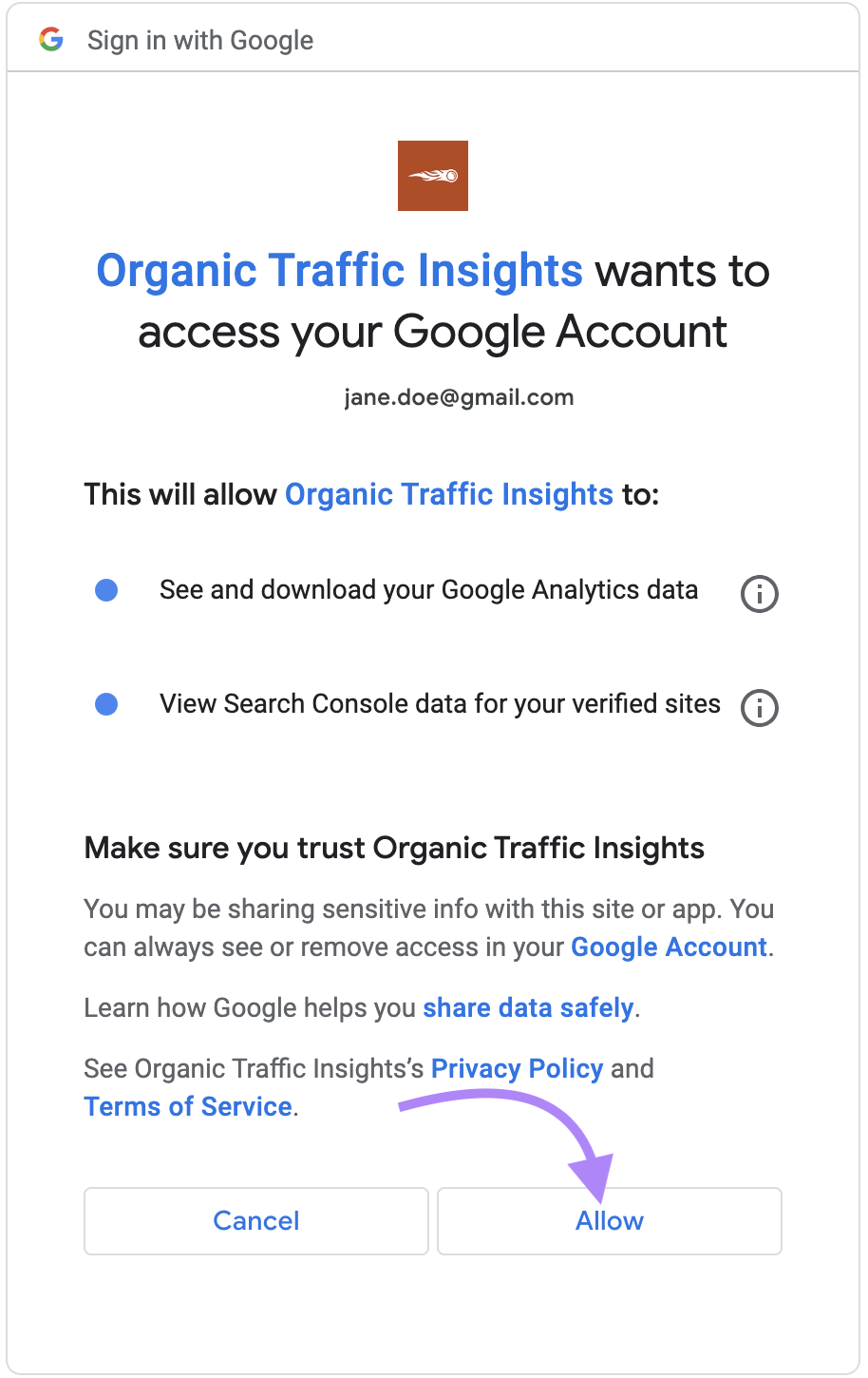 "Allow" button highlighted under "Organic Traffic Insights wants to access your Google Account" screen