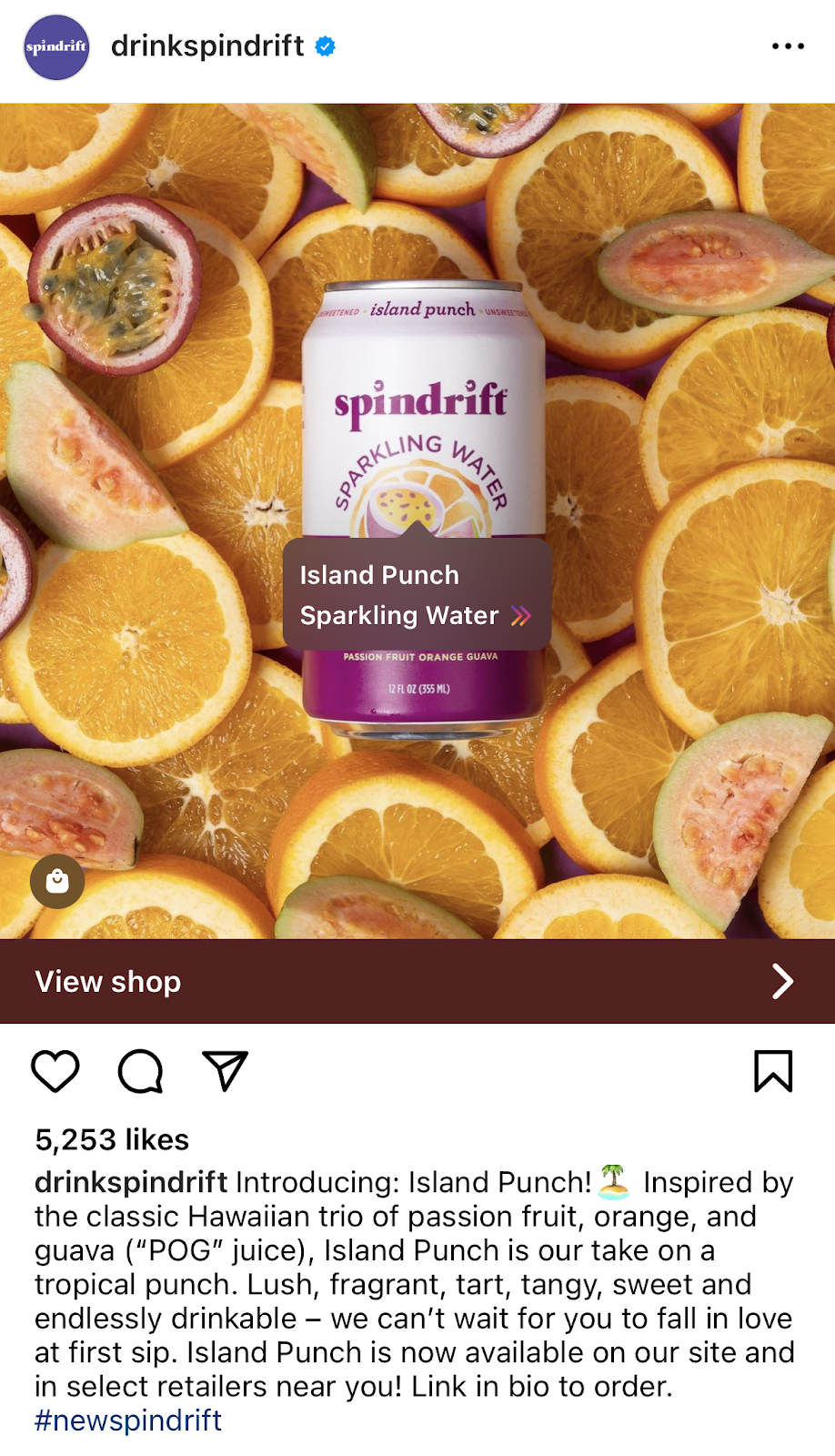 instagram post of drinks brand with view shop banner below the product image