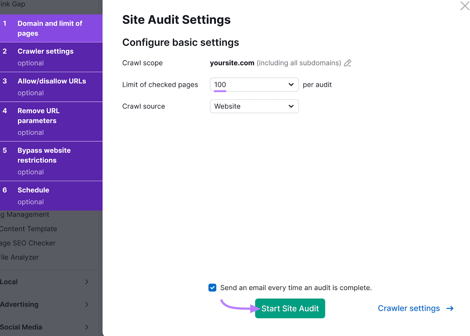 Site Audit Settings showing options to configure basic settings, with green "Start Site Audit" button highlighted with an arrow.