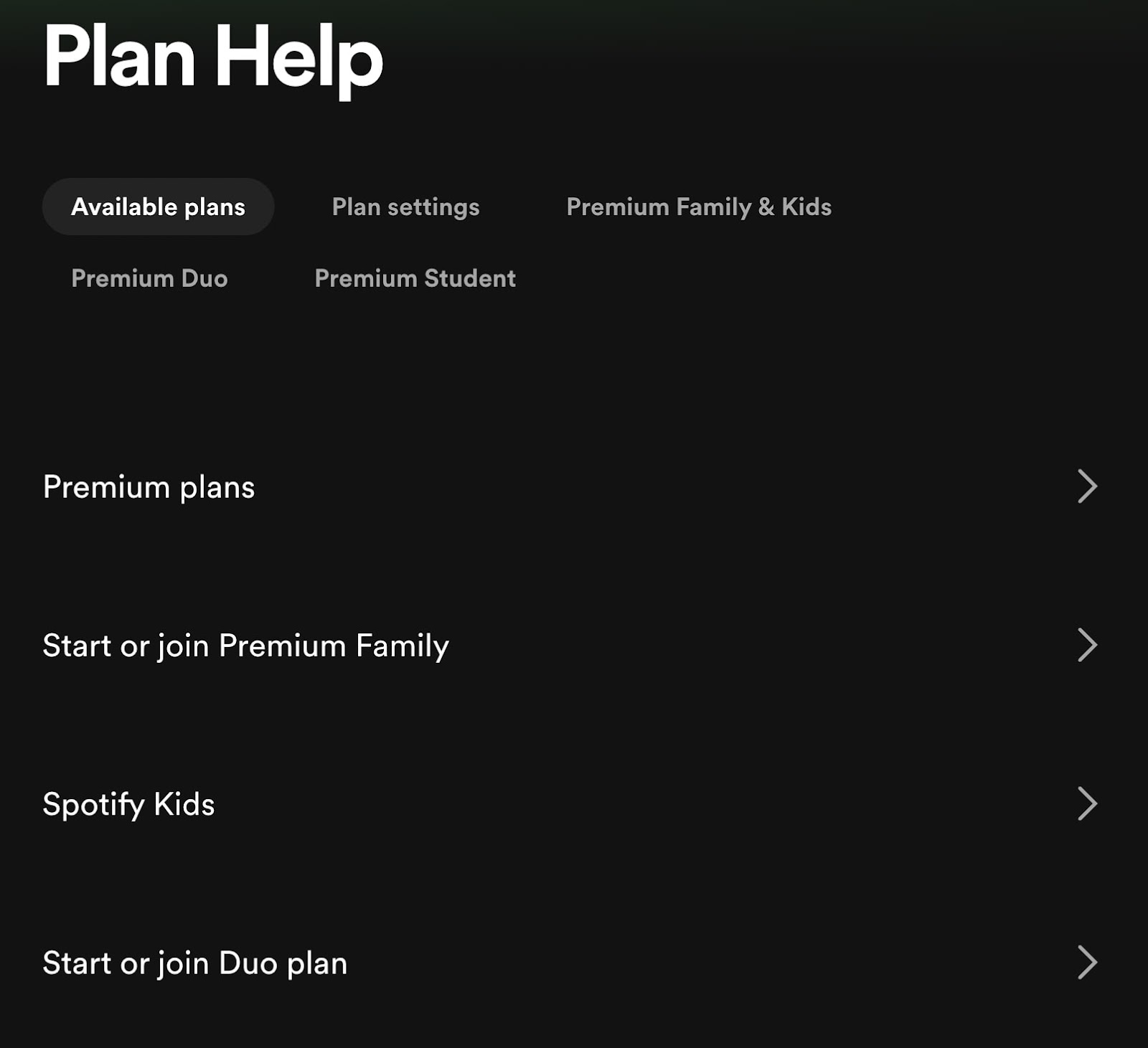 Spotify’s "Plan Help" page