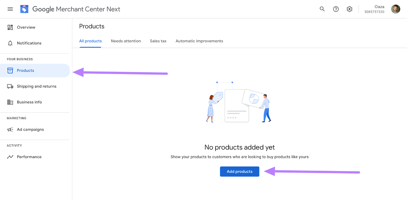 "Products" selected for the Google Merchant Center menu