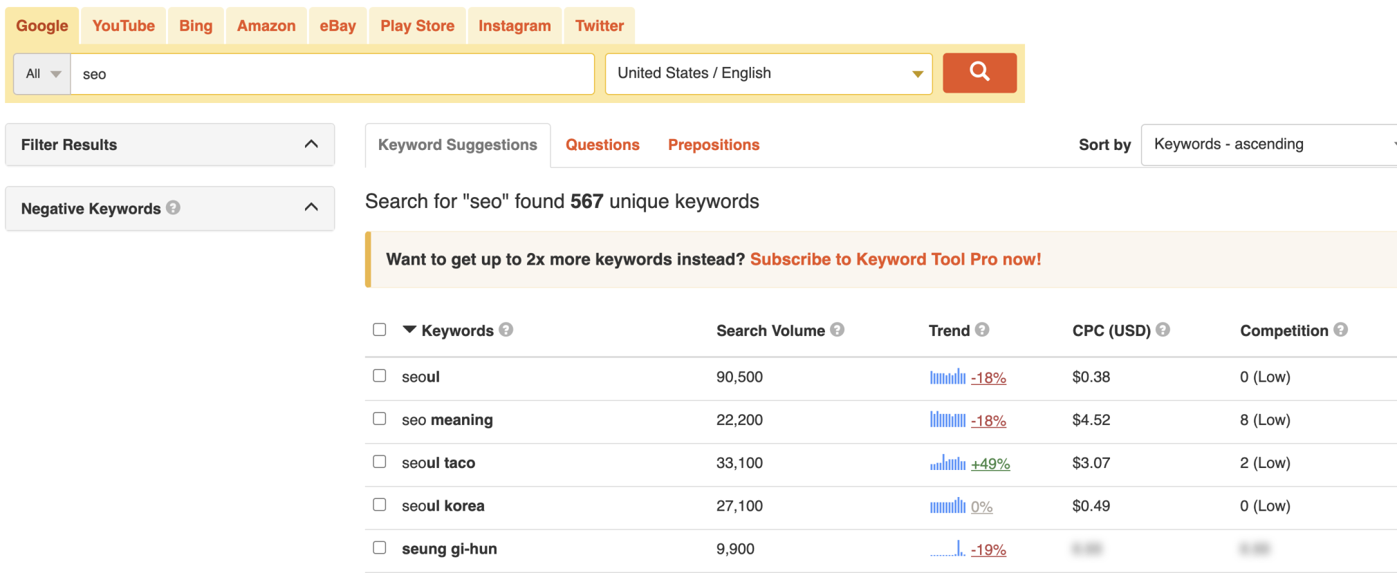 Keyword Tool homepage