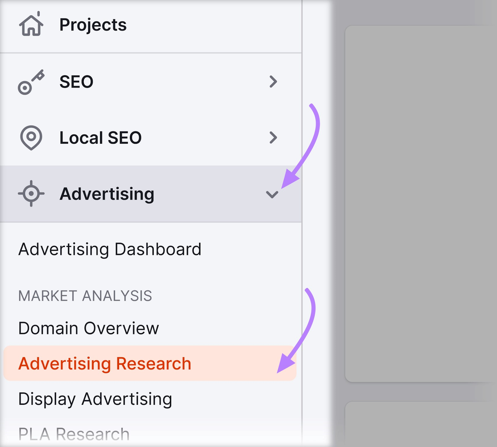 "Recherche publicitaire" sélectionné dans le menu Semrush