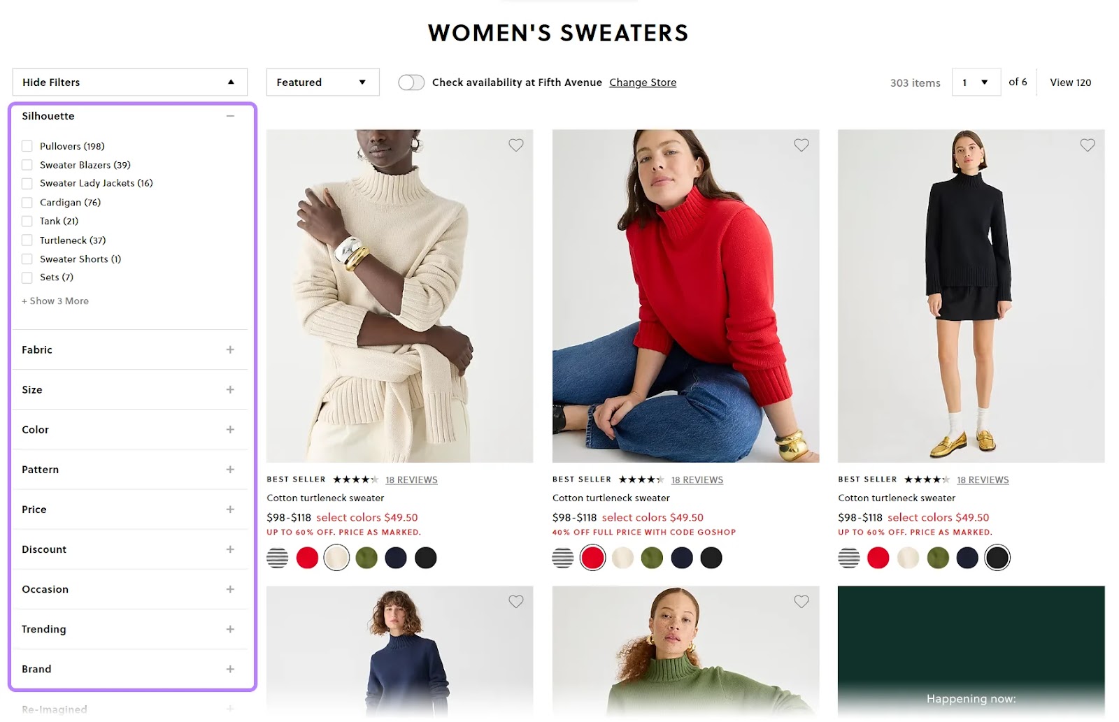 J.Crew's faceted navigation to the side of a product category page