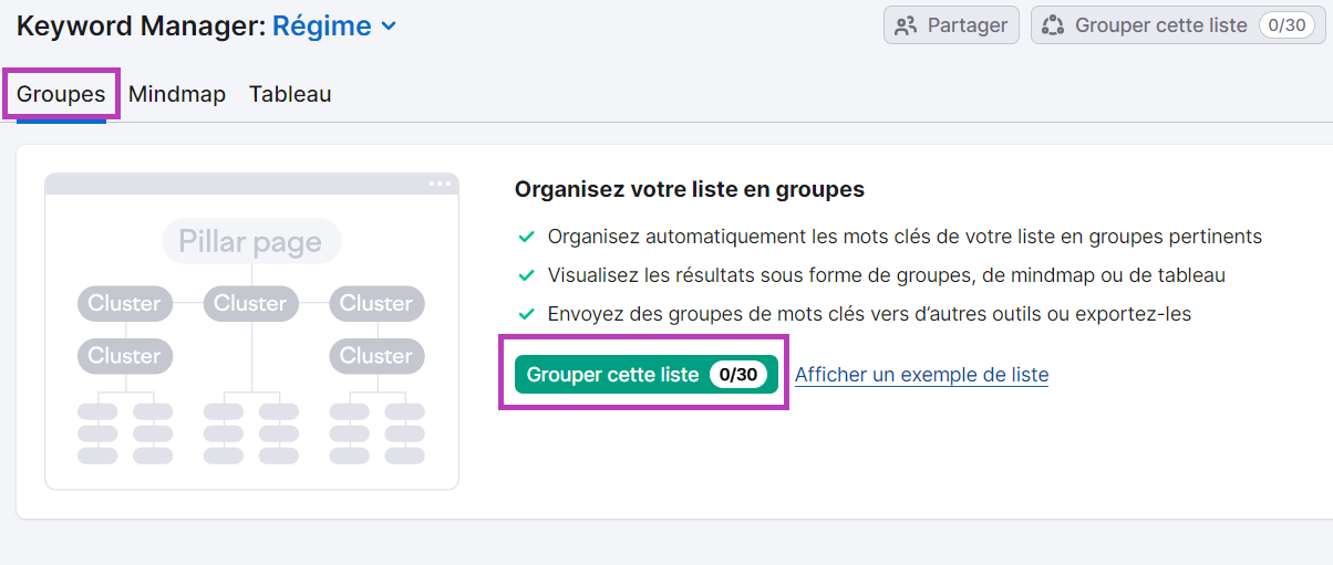 Grouper liste dans Keyword Strategy Builder