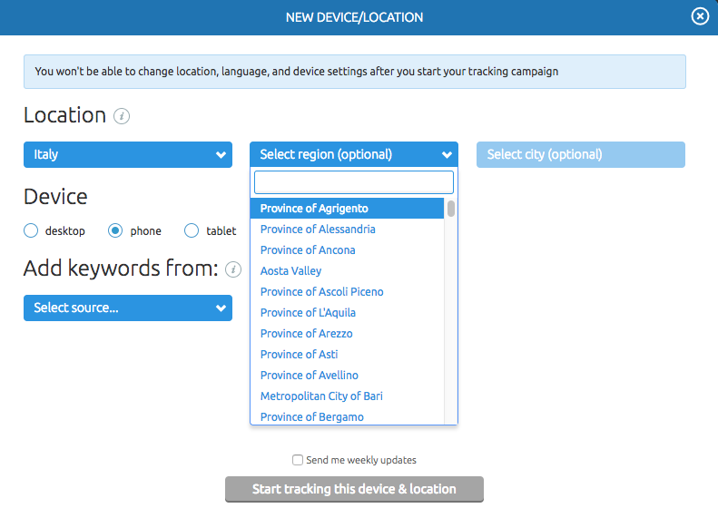 Position tracking per monitorare le keyword da mobile (phone) o tablet