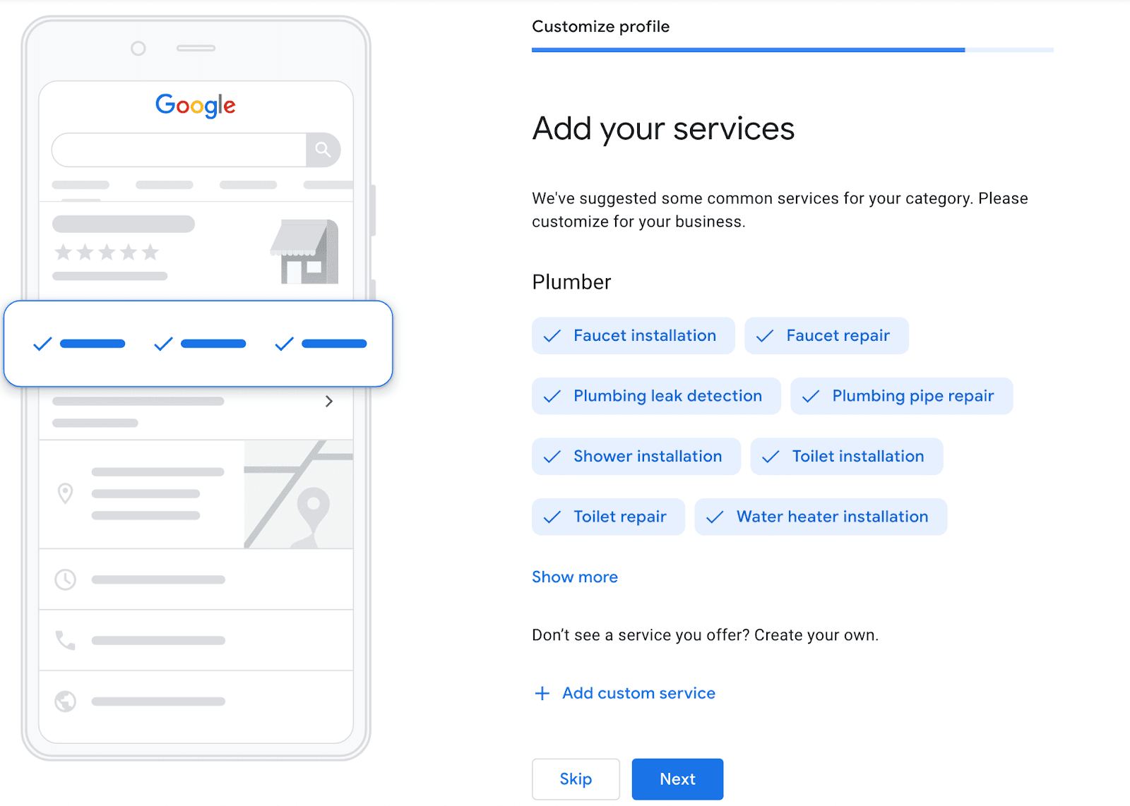 "Add your services" window in Google Business Profile settings