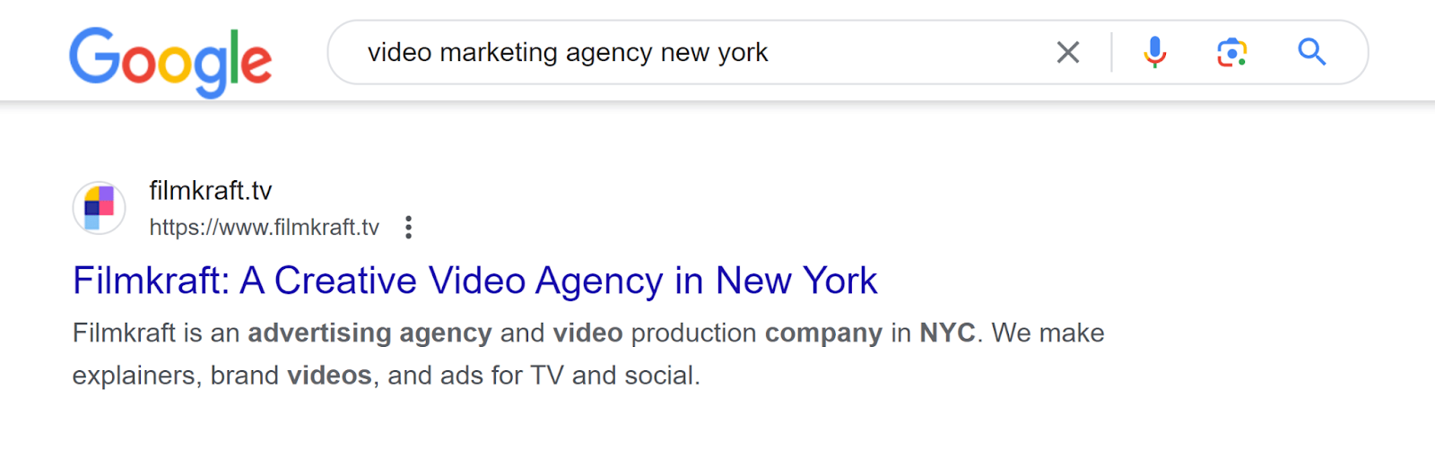 Organic search result for keyword 'video marketing agency new york'