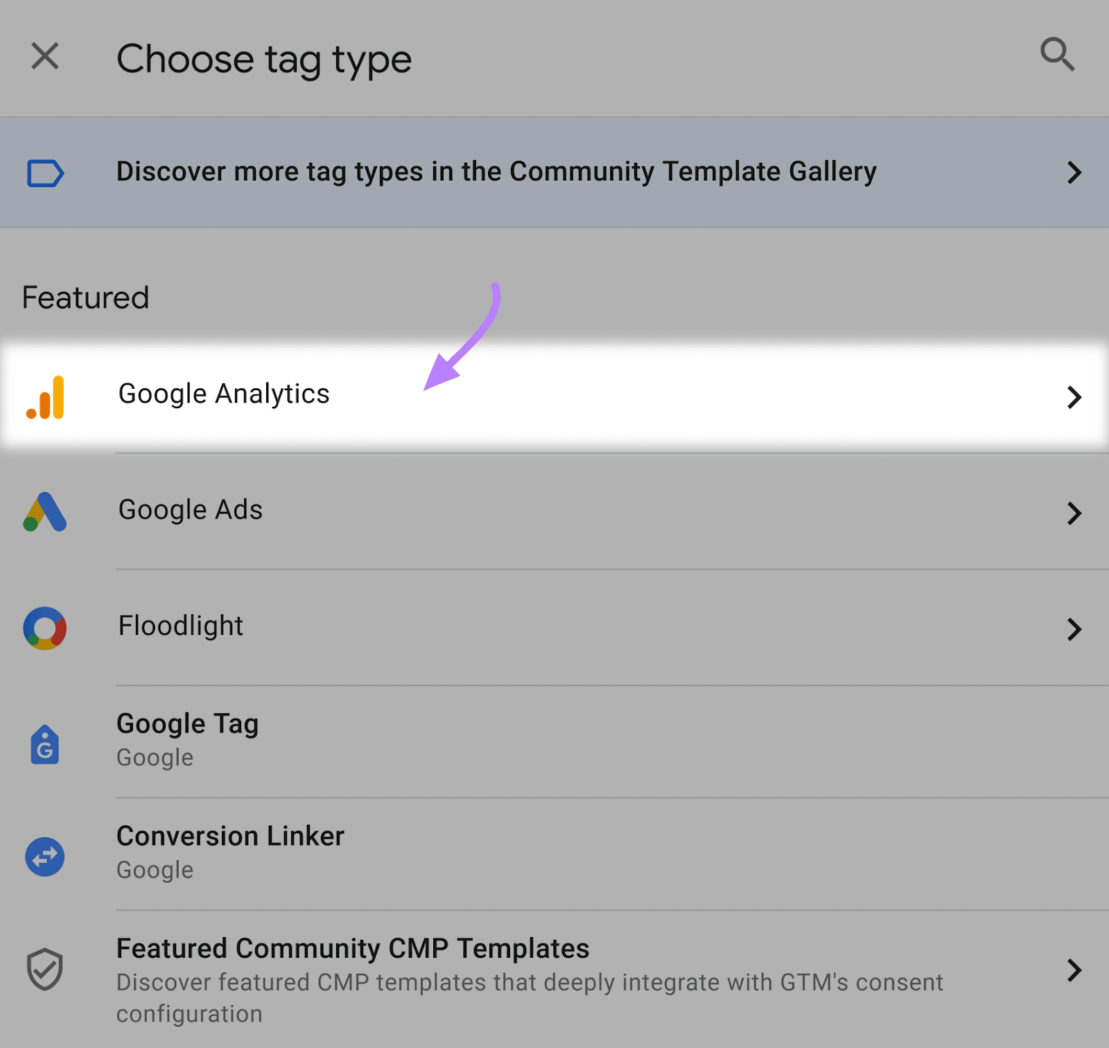 “Google Analytics” option selected under "Choose tag type" window