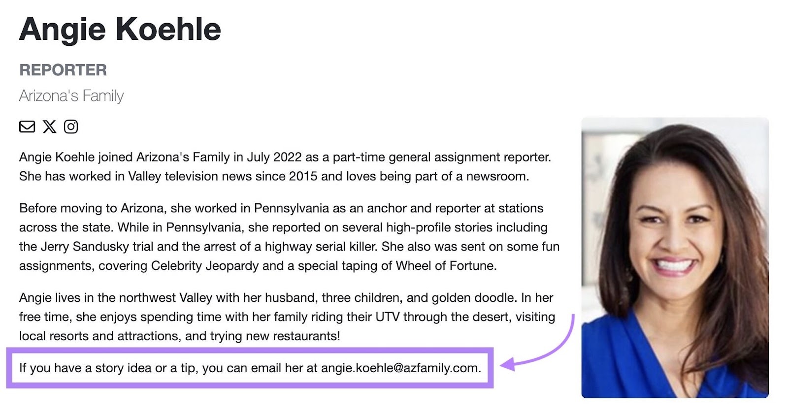 The profile page of journalist where she shares her email address if someone wants to reach out with a story idea or tip.