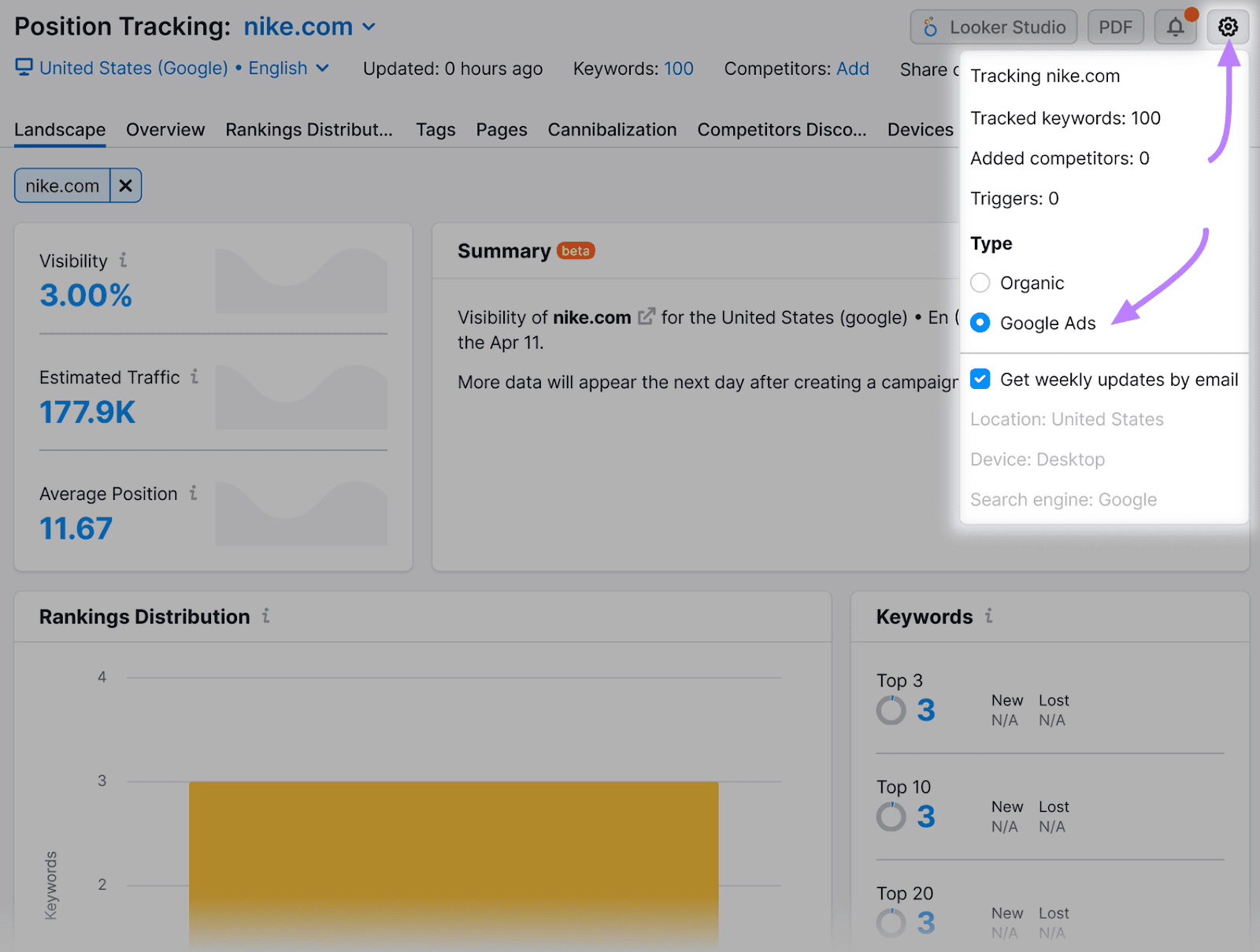 "Google Ads" enactment    selected successful  Position Tracking tool