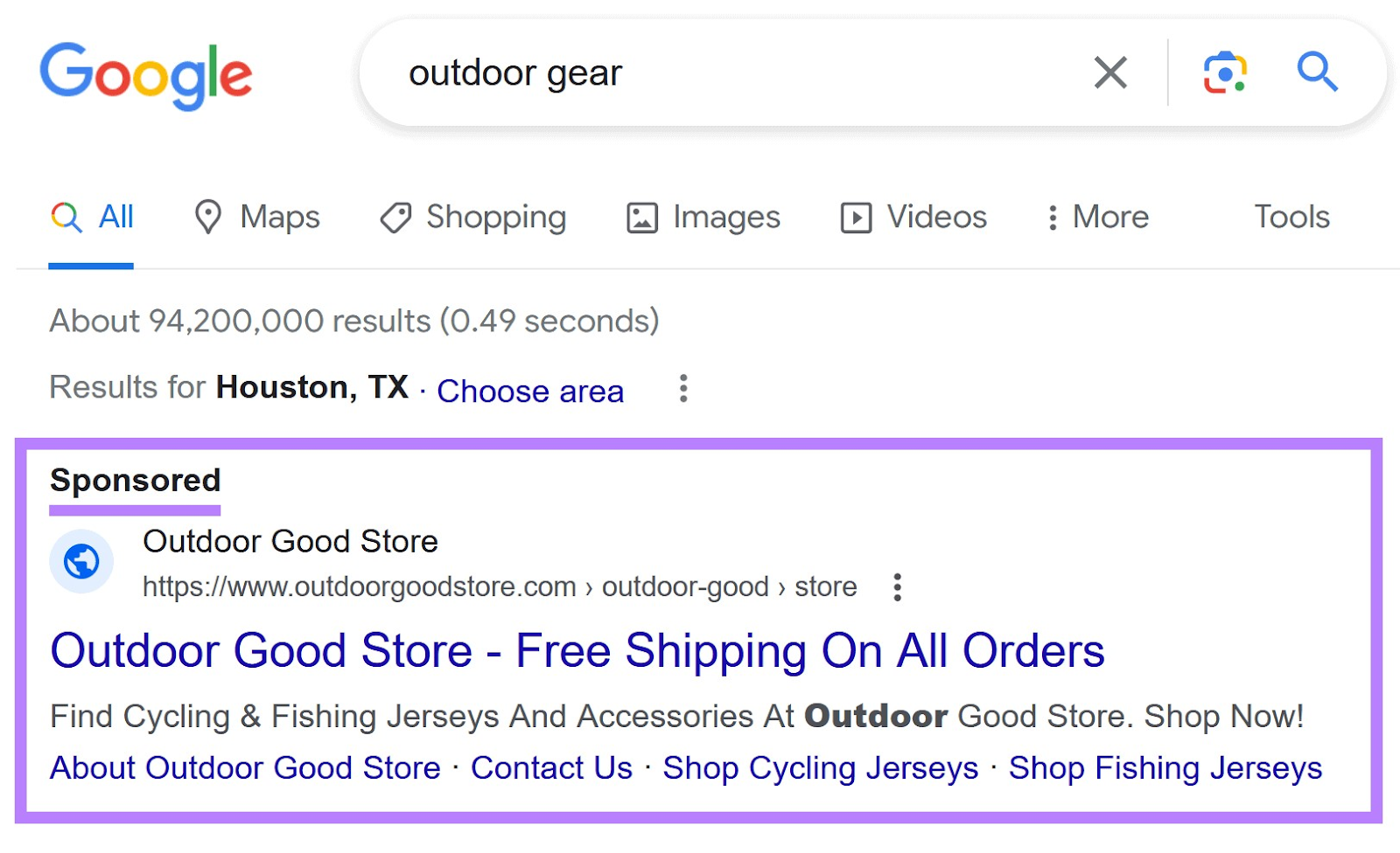 PPC ad on Google for "outdoor gear" search