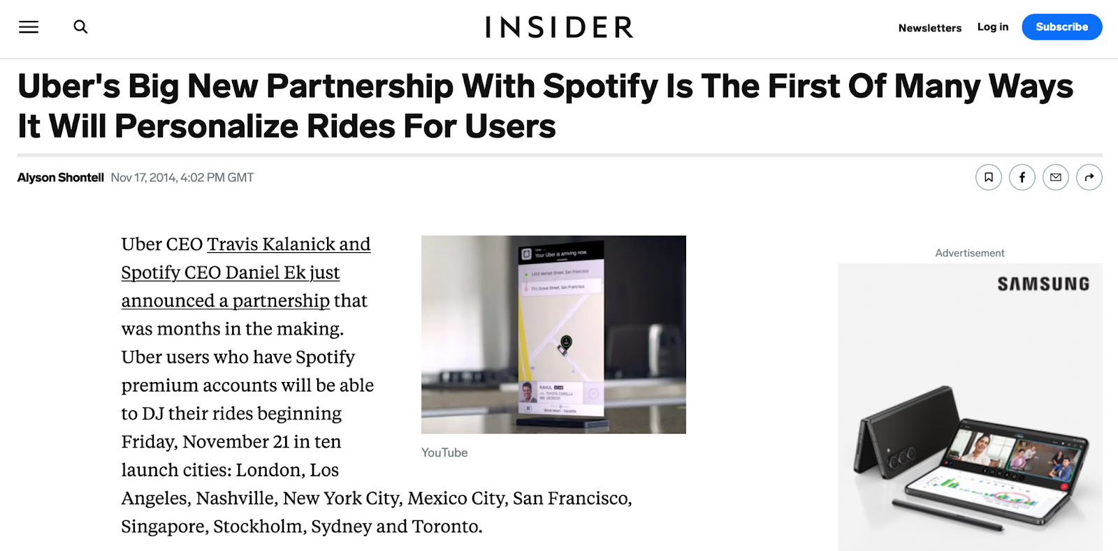 Insider's article about Spotify and Uber