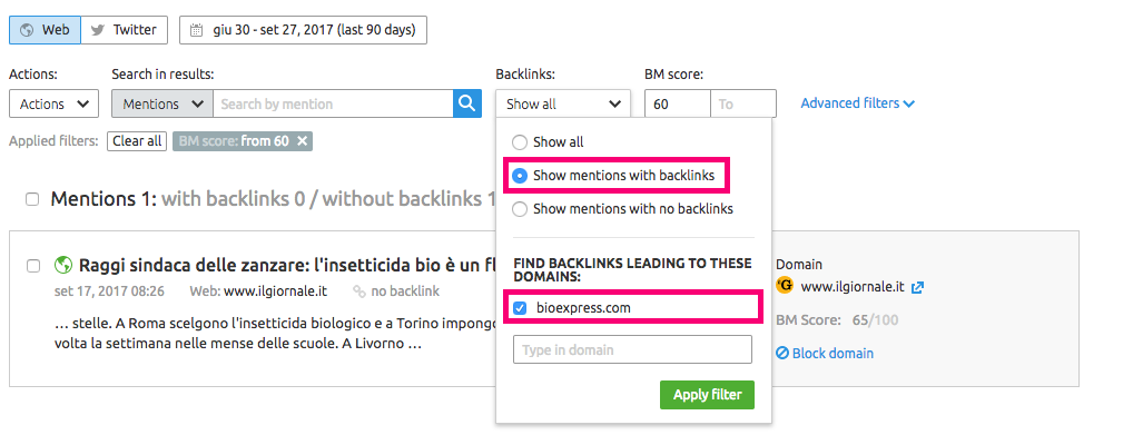 Filtra le mention con backlink