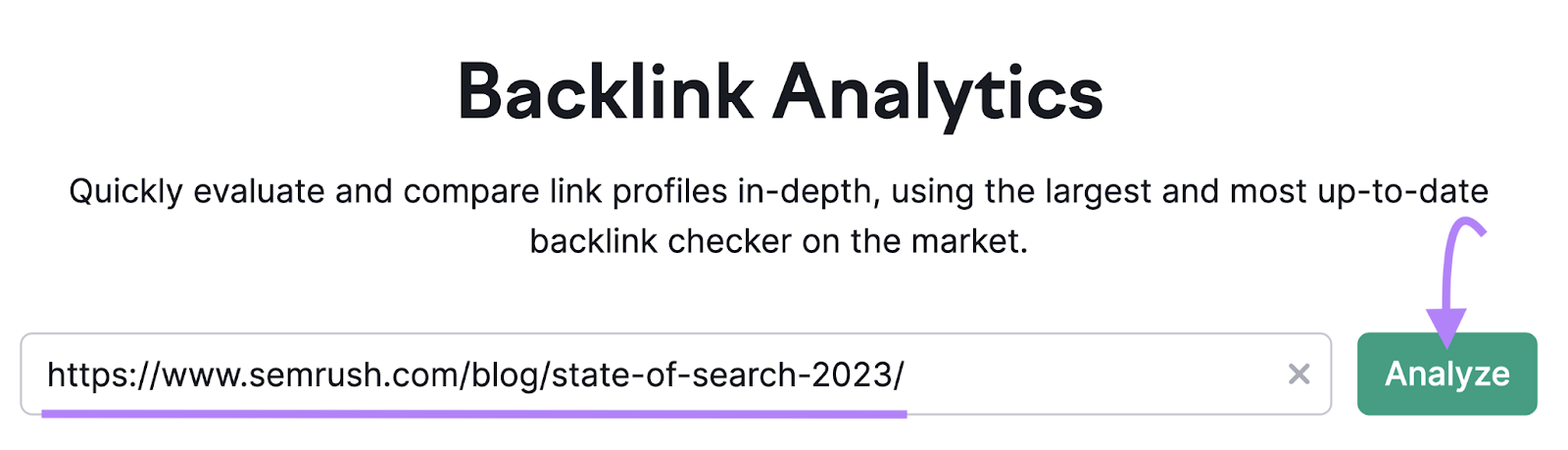 Backlink Analytics search bar with "Analyze" button highlighted