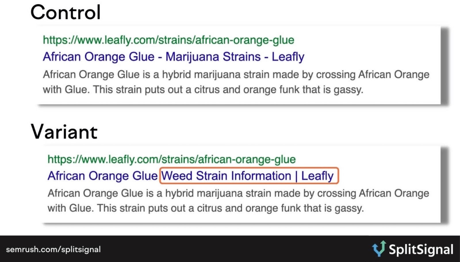 Comparison of the control and variant meta titles with different wording for a split test by Leafly.