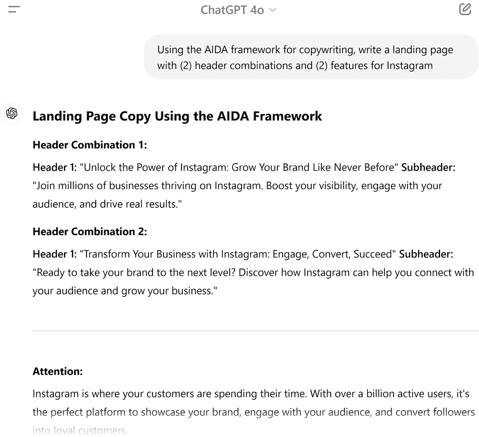 Structured task in ChatGPT detailing the AIDA framework for copywriting a landing page