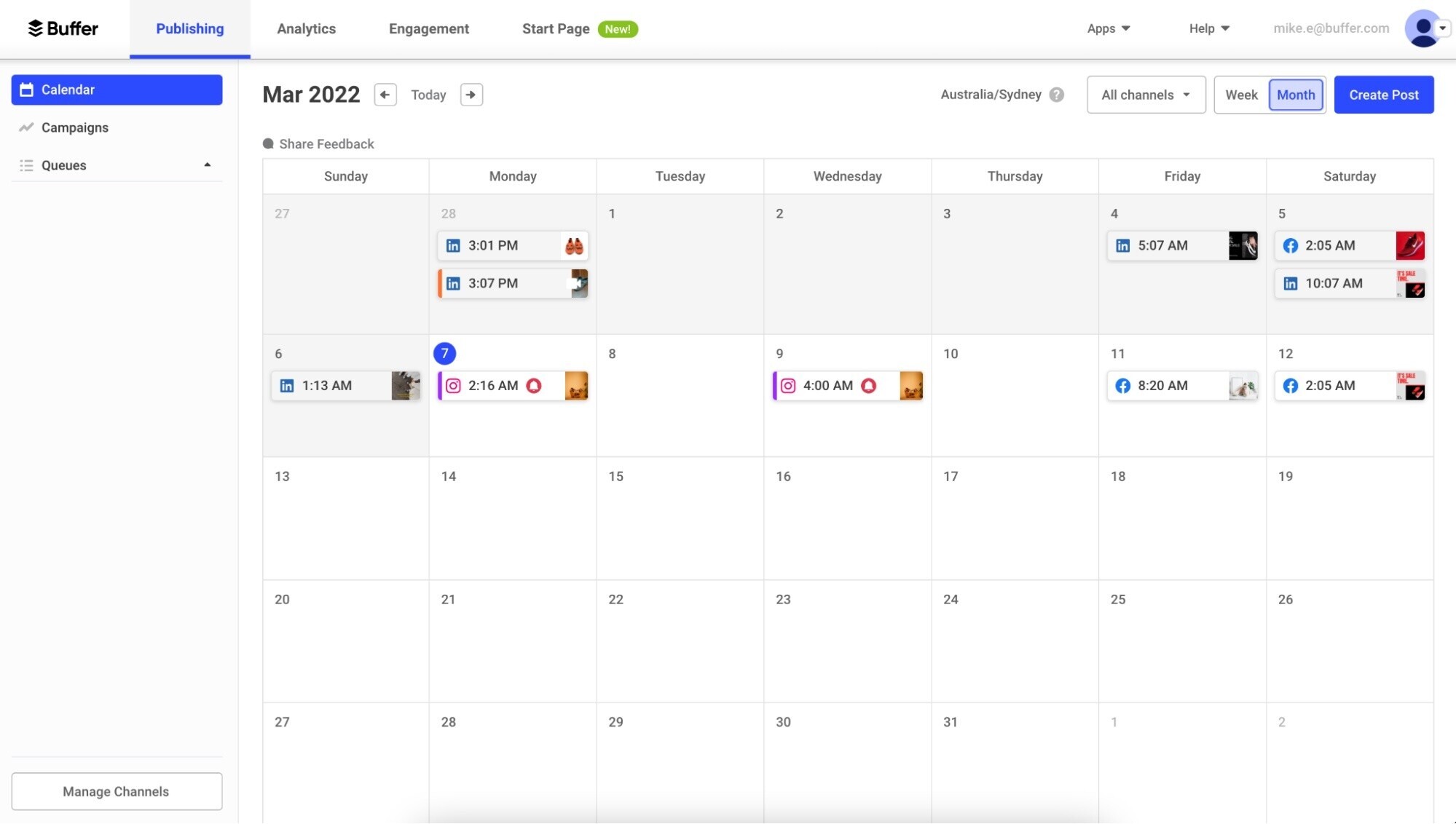 Buffer displays a monthly social media publishing calendar with multiple posts across LinkedIn, Facebook, and Instagram