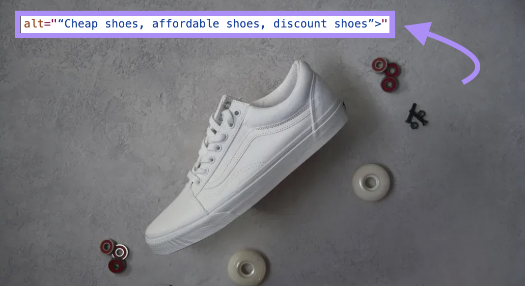 A trainer with an arrow pointing to code that reads: <img bad-src=“shoes-header-image.jpg” alt=“Cheap shoes, affordable shoes, discount shoes”>