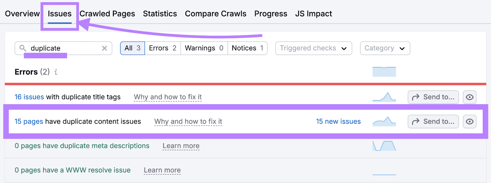 Site Audit's Issues Tab with the error "15 pages have duplicate content issues" highlighted