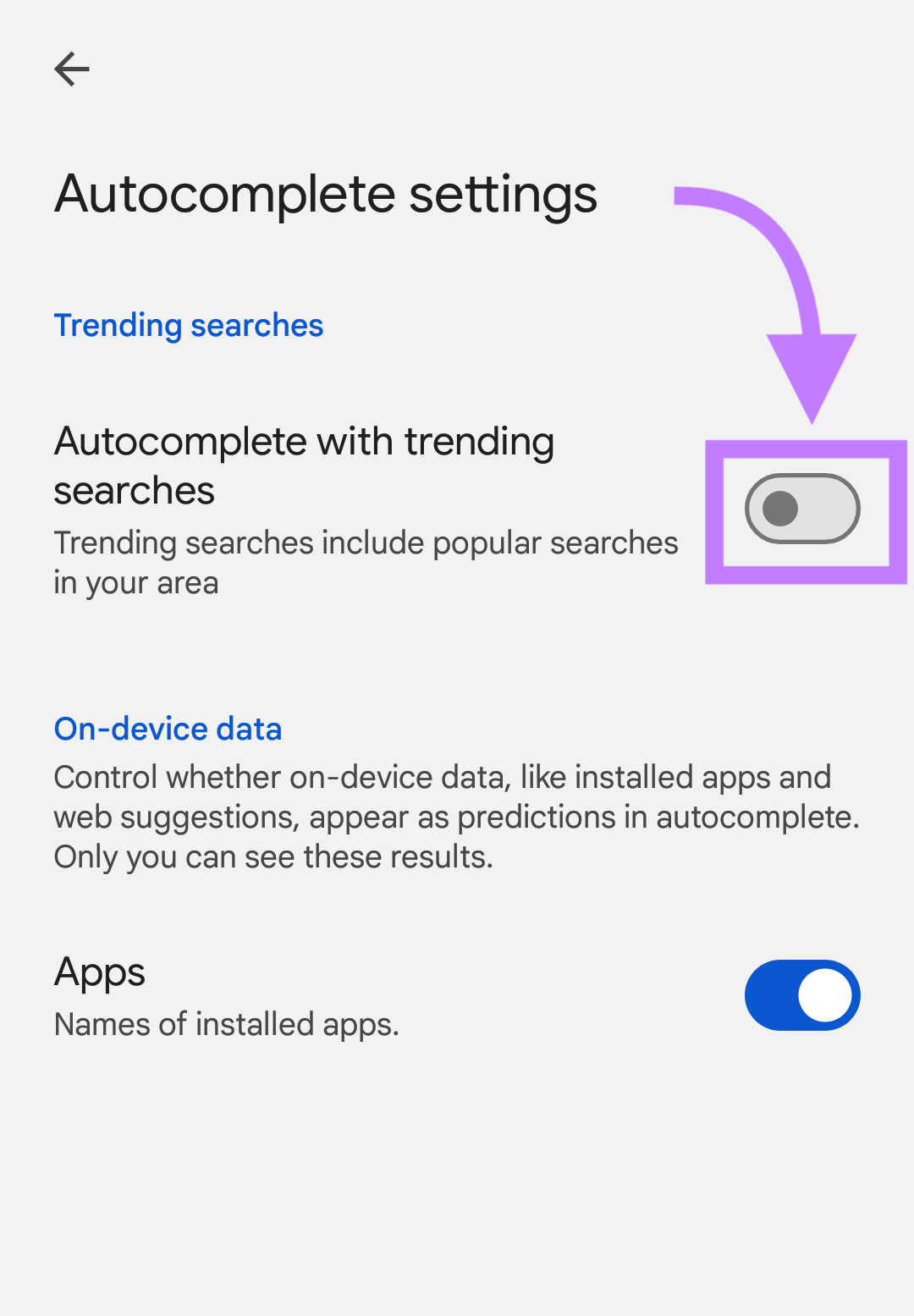 “Autocomplete with trending searches” switch for Android devices