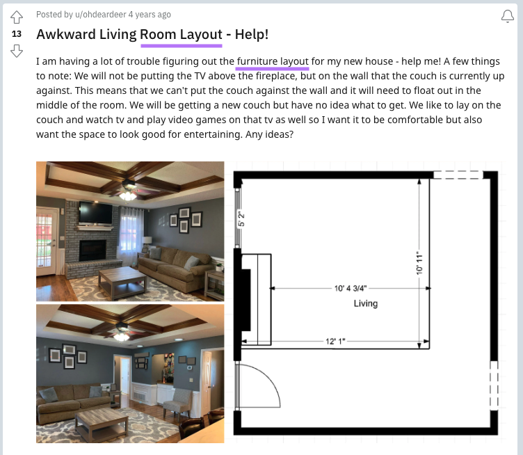 reddit post with keywords room layout and furniture layout highlighted