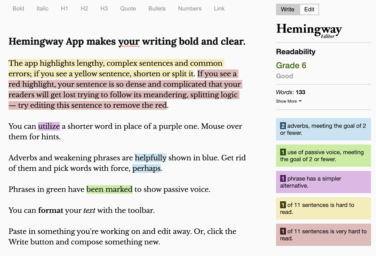 Hemingway Editor's user interface, showing suggestions on how to improve readability